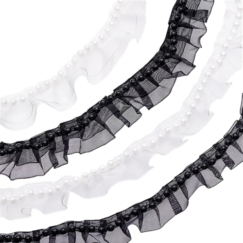 PH PandaHall 8 Yards Rüschen Spitzenband Trim Perle Perlen Spitzenbesatz Spitzenbesatz Mit Perlen 1/2 Lage Weiß Schwarzes Spitzenband Mit Perlen Zum Nähen Und Basteln von PH PandaHall