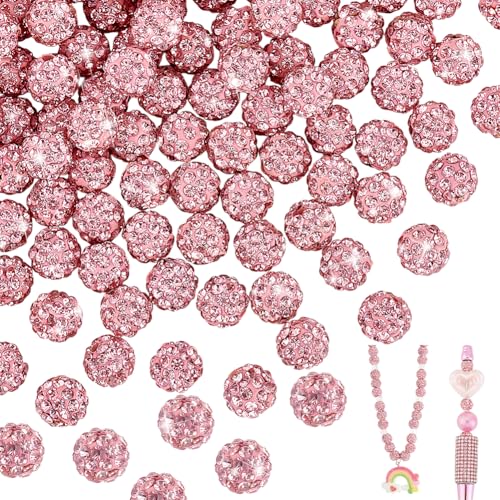 PH PandaHall 8 mm rosa Strass-Ton-Perlen, Polymer-Ton, Kristallperlen, 100 Stück, Pavé-Fassung, Discokugel-Ton-Perlen, runde Diamant-Ton-Perlen für Halsketten, Armbänder, Ohrringe, Schmuckherstellung, von PH PandaHall