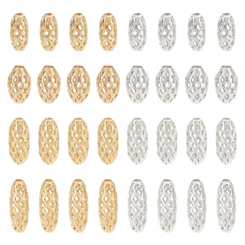 PH PandaHall 80 Stück 4 Größen Ausgehöhlte Messingperlen 8~11mm Ovale Reis Abstandsperlen Filigrane Hohlperlen Lose Perlen Für Ohrringe Armbänder Halsketten DIY Bastelarbeiten Golden/Silber von PH PandaHall