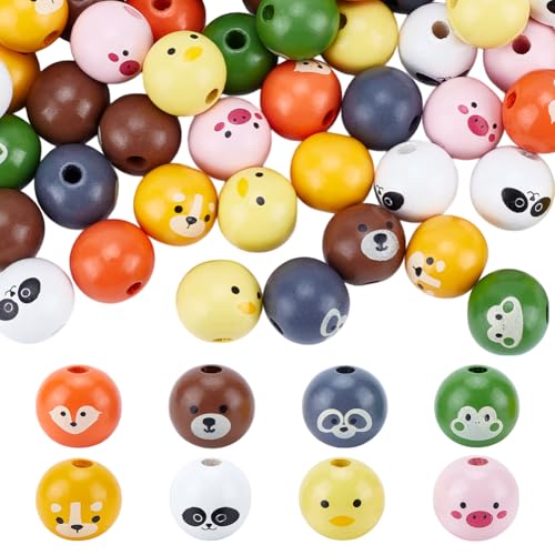 PH PandaHall 80PCS Tier gedruckt Holzperlen, 8 Styles 19mm hölzerne Bauernhof Tiere Perlen mit Hund Schwein Fuchs Bär Frosch Muster für DIY-Schmuck machen Weihnachten Dekorationen 5mm Loch von PH PandaHall