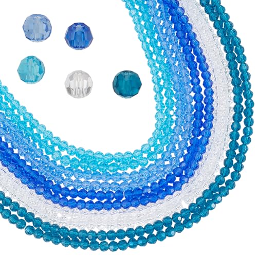 PH PandaHall 870pcs Blau Kristall Glasperlen, 4mm Runde facettierte Perlen 5 Farben Transparent Schmuck Perlen Ozean Bicone Perlen für Armband, Halskette, Ohrring, Schmuckherstellung und DIY-Handwerk von PH PandaHall