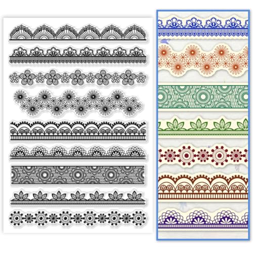 PH PandaHall 9 Muster Lace Frame Clear Stamp, Blume Spitze Silikon Stempel Rahmen Rand Transparent Stempel Siegel Papierstempel für Kartenherstellung, Fotoalben, Urlaubskarten, Scrapbooking, 21x14.8cm von PH PandaHall