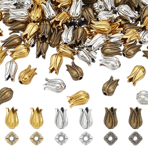 PH PandaHall 90 Stück Blumenknospen Charm Perlen 3 Farben Tibetische Metall Abstandsperlen Tulpenblumen Metallperlen End Charm Kappen Lose Abstandsperlen Antike Perlen Für Schmuckherstellung von PH PandaHall