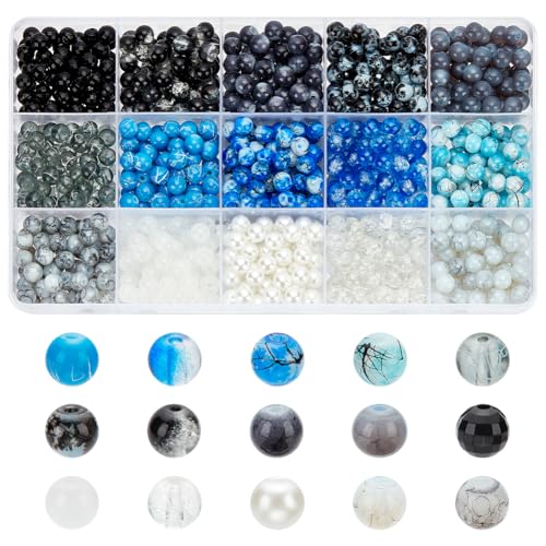 PH PandaHall 900 Stück Blau Schwarze Perlen 6 mm Acrylglasperlen 15 Stile Runde Lose Perlen Abstandshalter Bastelglasperlen Für Armbänder Halsketten Ohrringe Schlüsselanhänger Schmuckherstellung von PH PandaHall