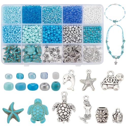 PH PandaHall 980 Stück Ozean-Perlen für Schmuckherstellung, türkisfarbene Schildkrötenperlen, blaue Rocailles, Meeresseestern, Meerjungfrauen-Charms, Metallperlen-Anhänger für Armband, Halskette, von PH PandaHall