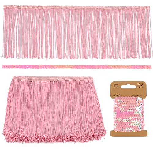 PH PandaHall 9m Rosa Fransen Trim, 14.5-15cm Spitze Trim Farbband Fransen Quaste Trim Spitze mit 4.5m PVC Pailletten Paillettenbesatz für DIY Kunsthandwerk Kleidung Home Party Dekoration von PH PandaHall