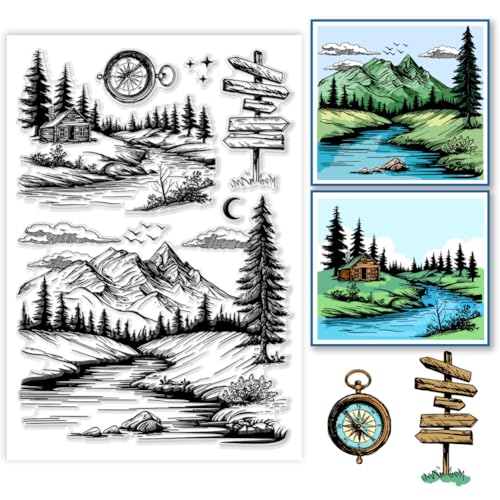 PH PandaHall Berglandschaft Clear Stamp, Waldhütten Silikonstempel Transparenter Gummistempel Kompass Flüsse für Kartengestaltung, Fotoalben, Urlaubskarten, Scrapbooking von PH PandaHall