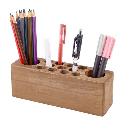 PH PandaHall Bleistifthalter Aus Holz Für Den Schreibtisch 13 Loch Pinsel Organizer Rustikaler Stil Füllfederhalter Für Büro Studio Künstler Lehrer Sienna 20x5.9x7.3cm von PH PandaHall