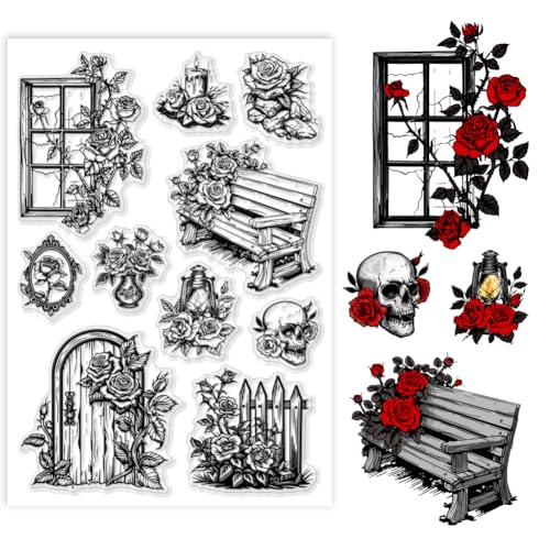 PH PandaHall Klarer Halloween-Stempel, Romantischer Blumen-Silikonstempel Fenster-Spiegel-Bank Transparenter Stempel für Kartenherstellung, Fotoalben, Urlaubskarten, Scrapbooking von PH PandaHall