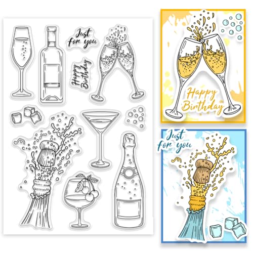 PH PandaHall Champagne Clear Stamps, Feiern Silikonstempel Weinglas Gummistempel Happy Birthday Transparente Briefmarken für Kartenherstellung Fotoalbum Dekoration und DIY Scrapbooking 16x11 cm von PH PandaHall