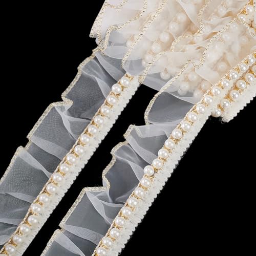 PH PandaHall Chiffon Spitze Mit Rüschen Und Perlenbesatz 4.6 m Weiß 40mm Plissiertes Spitzenband Organza Stoffspitze Zum Nähen von Hochzeitskleidern Heimdeko Geschenkverpackungen von PH PandaHall