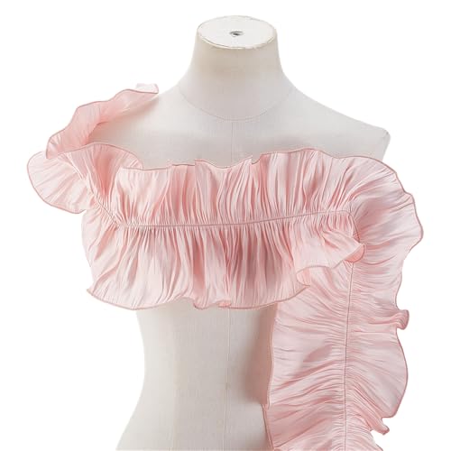 PH PandaHall Double Ruffle Ribbon Trim Rosa Stoff Trim Plissierter Spitzenstoff Fransen Elastische Rüsche Trim Retro Tulle Stoff Trim 16 cm breit für Applique Sewing Craft Dress Decor 4.5 m von PH PandaHall