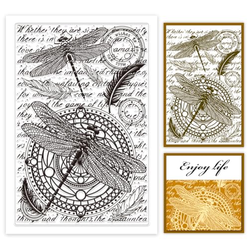 PH PandaHall Dragonfly Clear Stamp, Retro Feder Hintergrund Transparente Siegelstempel Klarer Gummistempel für DIY Scrapbooking Dekoration Fotoalbum Kunsthandwerk 11x16cm von PH PandaHall