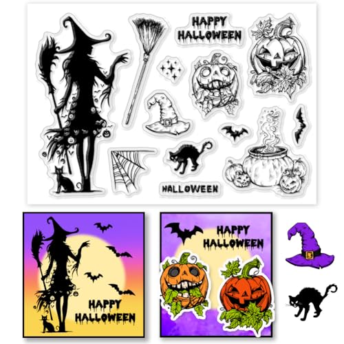 PH PandaHall Halloween Hexe Klarer Stempel, Kürbis-Silikonstempel Schwarze Katze Transparenter Gummistempel für Halloween Kartengestaltung, Scrapbooking, Geschenkanhänger von PH PandaHall