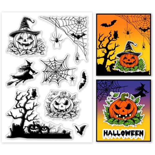 PH PandaHall Halloween-Thema klar Stempel, Kürbis-Silikonstempel Spinnennetz Hexe Fledermaus Transparenter Gummistempel für Halloween Kartengestaltung, Fotoalben, Scrapbooking, Geschenkanhänger von PH PandaHall