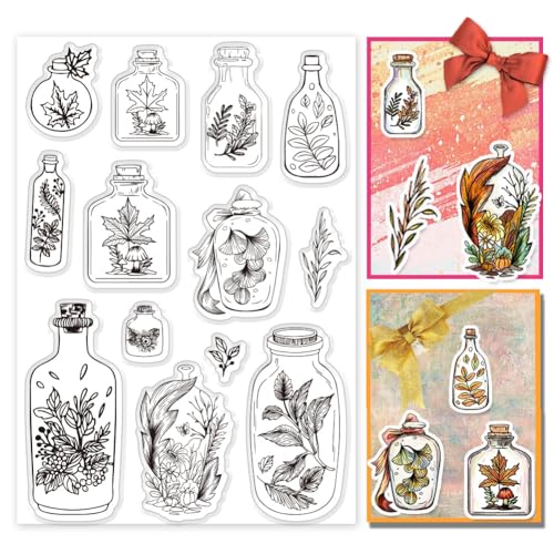 PH PandaHall Herbst Ahornblatt Clear Silikonstempel Herbstflaschen-Gummistempel Leaves Jar Clear Stempel Karten für Wasserflaschen Journaling Scrapbooking Karte 16x11cm von PH PandaHall