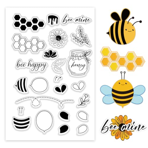 PH PandaHall Honigbiene Klarsichtstempel Bienenwabe Silikonstempel Siegel Bee Happy Flowers Gummistempel Bienen Elemente Transparente Stempel für Fotoalbum Journal DIY Scrapbooking 16x11cm von PH PandaHall