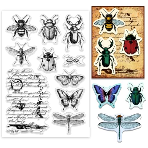 PH PandaHall Insekt Clear Stamps, Schmetterling Libelle Biene Gummistempel Retro Text Hintergrund Scrapbooking Stempel Transparentes Papier Craft Stempel für DIY Scrapbooking Journal Karten von PH PandaHall