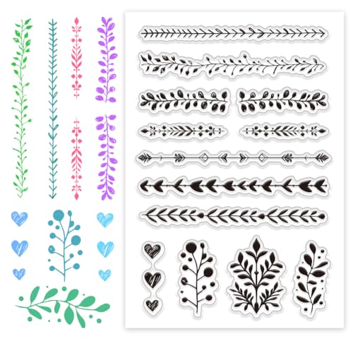 PH PandaHall Journal Border Stempel Spitze Linien Clear Stempel Blatt Transparenter Stempel Schreiblinie Silikonstempel Blume Herz Gummistempel für DIY Scrapbooking Foto Dekor 16x11cm von PH PandaHall