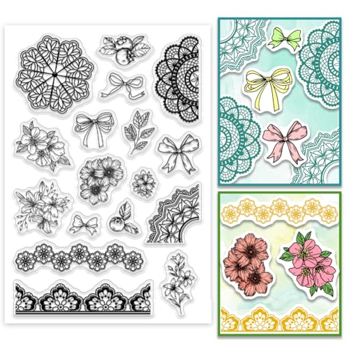 PH PandaHall Lace Bow Clear Stamps für die Kartenherstellung, Blume Rahmen Blatt Transparent Silikonstempel Floral Ecke Gummistempel für DIY Scrapbooking Journal Karte Fotoalbum Dekoration von PH PandaHall