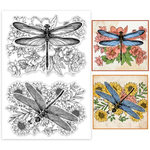 PH PandaHall Libelle Clear Stamps Blume Libelle Stamps Insekt Siegel Clear Stamps Pflanze Hintergrund Stempel für Kartenherstellung DIY Scrapbooking Fotoalbum Geschenk Papier Handwerk 16×11 cm von PH PandaHall