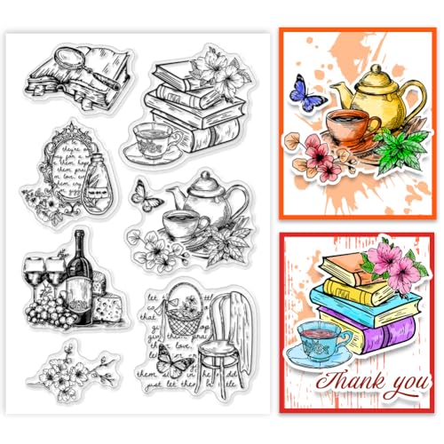 PH PandaHall Life Scenes Clear Stamps, Kaffee Gummistempel Weinglas-Silikonstempel Bücher-Stempel für Paper Crafting Handmade Crafts Scrapbooking Zubehör Kunsthandwerk, 16x11cm von PH PandaHall