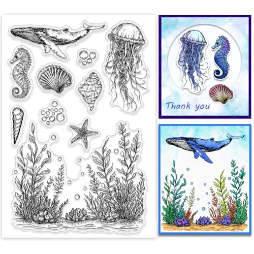 PH PandaHall Marine Animals Clear Stamp für Scrapbooking, Muschel Seepferdchen Seestern Silikonstempel Transparenter Gummistempel für Kartendekoration, Buch, Journal, Geschenkanhänger von PH PandaHall