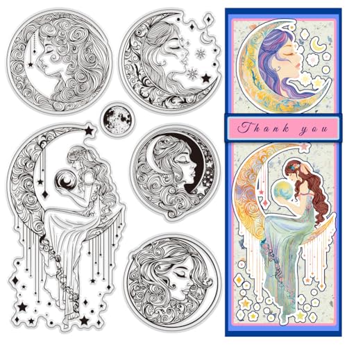 PH PandaHall Moon Goddess Clear Stamps Set 6 Stück Mythologischer Stil Silikon Stempel Wiederverwendbare Transparente Stempel Für Die Herstellung von Scrapbooking Karten von PH PandaHall