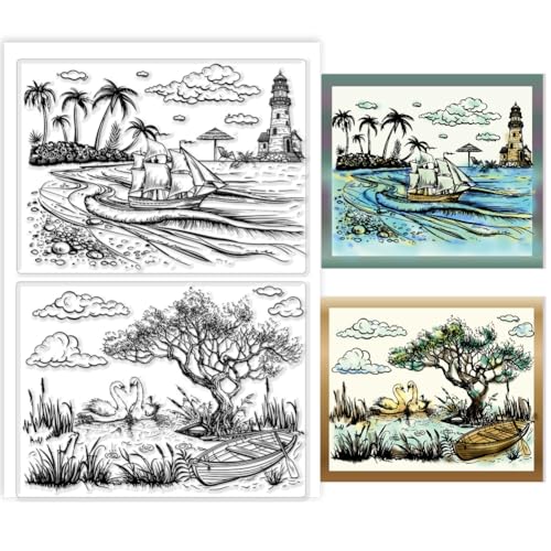 PH PandaHall Natürliche Landschaft Clear Stamps See Boote Gummistempel Schwan Silikonstempel Fluss Transparenter Stempel für Kartenherstellung Scrapbooking Journal Fotoalbum Dekor 16x11cm von PH PandaHall