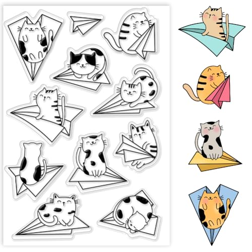 PH PandaHall Papierflugzeug Clear Stamps, Katze Form Gummistempel Blatt Silikonstempel Transparente Stempel für Kartenherstellung Fotoalbum Dekoration und DIY Scrapbooking 16x11cm von PH PandaHall