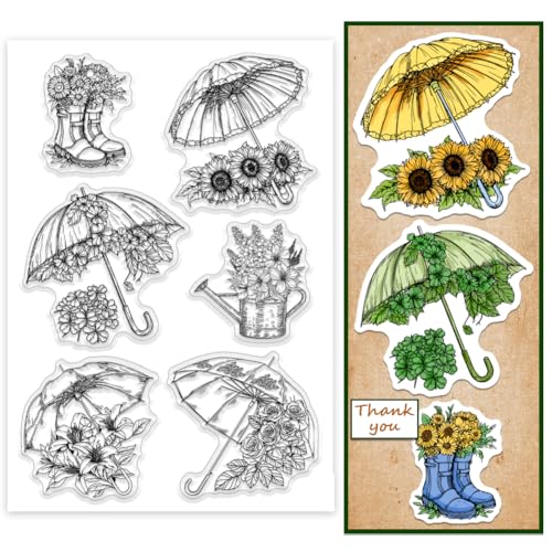 PH PandaHall Regenschirm Clear Stamp Blume Stiefel Transparent Stempel Sonnenblume Rose Stempel Lilie Pflanzen Siegel Stempel für Kartenherstellung DIY Scrapbooking Fotoalbum Notebook Craft 16×11 cm von PH PandaHall