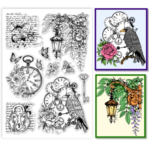 PH PandaHall Retro Straßenlaternen Clear Stamp, Film Frame Gummistempel Crow Lock Key Schmetterling Blume Stempel für Kartenherstellung Fotoalbum Dekoration und DIY Scrapbooking 21x14.8cm von PH PandaHall