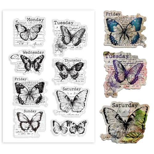 PH PandaHall Schmetterling Clear Stamps Vintage Week Label Silikonstempel Transparente Siegelstempel Für Papierbasteln Handgefertigte Bastelarbeiten Scrapbooking Zubehör Kunsthandwerk 11x16cm von PH PandaHall