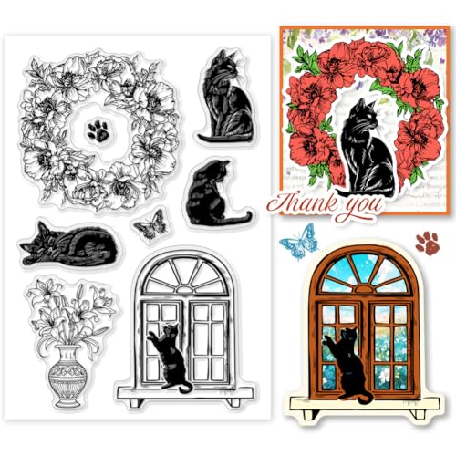 PH PandaHall Schwarze Katze Clear Stamp, Kranz-Silikonstempel Vase Fenster Transparenter Stempel Siegel Papierstempel für Kartengestaltung, Fotoalben, Urlaubskarten, Scrapbooking von PH PandaHall