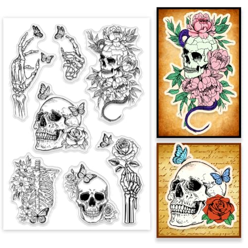 PH PandaHall Skelett Hintergrund Clear Stamps Gothic Skelett Gummistempel Schädel Blume Schmetterling Transparent Silikon Stempel Siegel für Halloween Kartenherstellung DIY Scrapbooking 16x11 cm von PH PandaHall