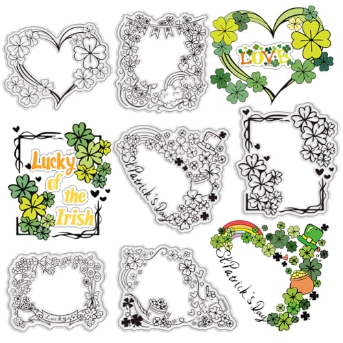 PH PandaHall St. Patrick's Day transparente Stempel-Set, 6 Stück, Silikon-Stempel, Kleeblatt-Rahmen, quadratische herzförmige Bordüren, Gummistempel für Scrapbooking, Kartenherstellung, Fotoalbum, von PH PandaHall