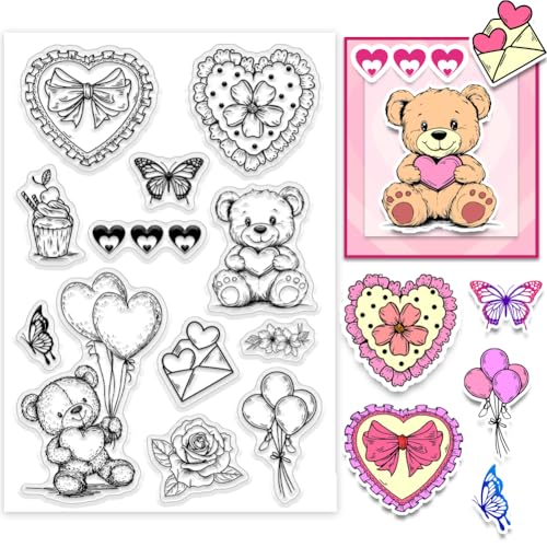 PH PandaHall Sweet Bear Clear Stamp für die Kartenherstellung, Niedlicher Ballon Herz Blume Silikonstempel Transparenter Gummistempel für Journal, Postkarte, Scrapbooking, Geschenk, Dekoration von PH PandaHall