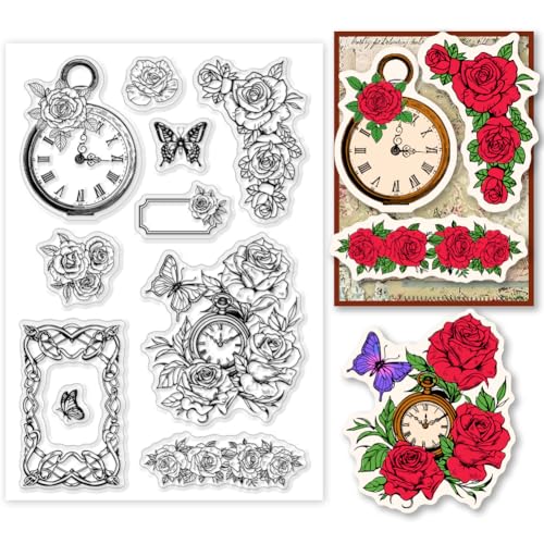 PH PandaHall Uhr mit Rose Klarer Stempel, Schmetterlings-Silikonstempel Blume Rahmen Transparent Gummi Stempel für Kartenherstellung, Fotoalben, Urlaubskarten, Scrapbooking von PH PandaHall