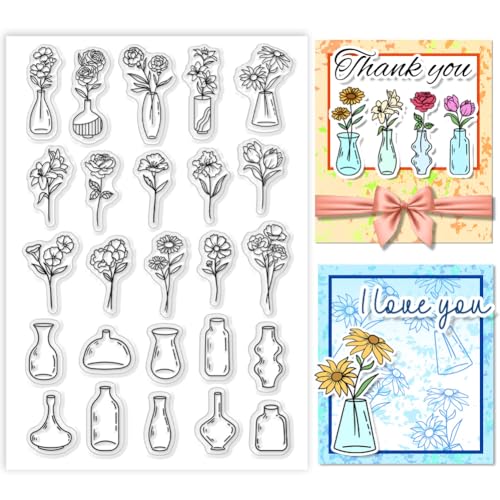 PH PandaHall Vase Clear Stamp, Blumen-Silikonstempel Transparenter Blumengummistempel für Paper Crafting Fotoalben, Urlaubskarten, Scrapbooking, Geschenkanhänger von PH PandaHall