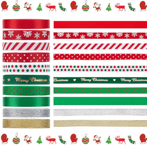 PH PandaHall Weihnachts Ripsband 45.7m Grünes Und Rotes Weihnachtsband 10 Rolle 10mm Weihnachtsband Zum Verpacken von Geschenken Haarschleifen Dekoration Basteln von PH PandaHall