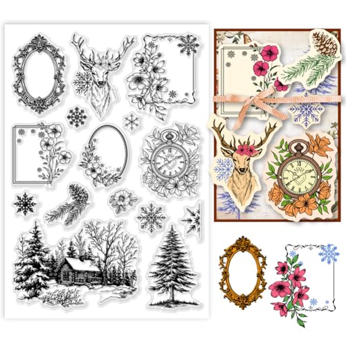 PH PandaHall Winter Border Clear Stamp, Elch Schneeflocke Silikonstempel Transparenter Stempel Winterhaus für Kartengestaltung, Urlaubskarten, Scrapbooking, Geschenkanhänger von PH PandaHall