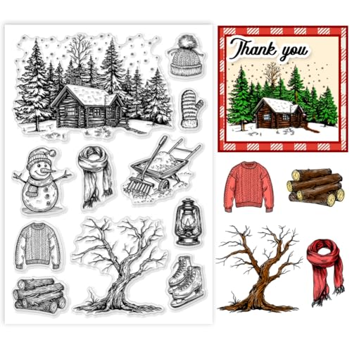 PH PandaHall Winter Theme Clear Stamp, Schneemann-Silikonstempel Winterhaus Kleidung Transparenter Stempel für Kartenherstellung, Fotoalben, Urlaubskarten, Scrapbooking von PH PandaHall