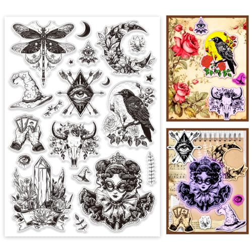 PH PandaHall Witch Clear Stamp Divination Crow Silikonstempelkarten Gummistempel Transparente Stempel Für Die Kartengestaltung Fotoalbum Dekoration Und DIY Scrapbooking 21x29.7cm von PH PandaHall