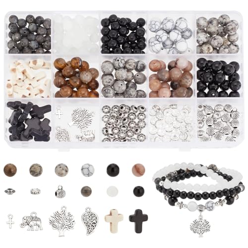 PH Pandahall 348pcs 9 Stile Runde Steinperlen Armband Making Kit Kreuz Stein Perlen 6/8mm natürlicher synthetischer Stein-Schmuck-Set Rosenkranz Perlen mit Spacer für Armbänder von PH PandaHall