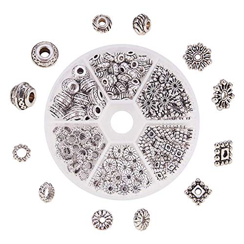 PandaHall 1 Box 216 stücke 6 Stil Tibet Silber Legierung Spacer Perlen Schmuckzubehör Zubehör für Armband Halskette Schmuck Machen von PH PandaHall