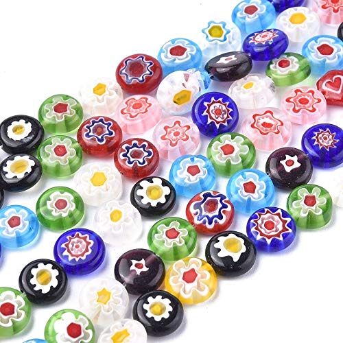 PandaHall 10 Stränge flache runde handgefertigte Millefiori-Glasperlen, 10 x 4 mm, Lampwork-Glasperlen mit einzelner Blume für Halsketten, Armbänder, Schmuckherstellung, zufällige Farbauswahl von PandaHall