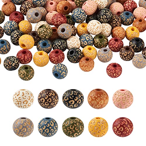 PandaHall 100 Stück bemalte runde Holzperlen mit Leoparden-Druck, 10 mm, 10 Farben, natürliche Holz-Abstandshalter, lose Perlen für Makramee-Handwerk, DIY-Schmuckherstellung, Loch: 2,5 mm von PH PandaHall