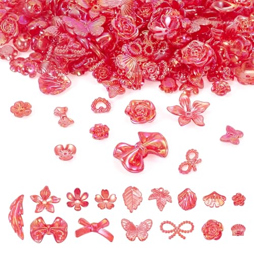 PandaHall 100 g sortierte Acrylperlen, rote Blumen-Perlenkappen, Schleife, Schmetterling, Blumen-Abstandshalter, Blätter, baumelnde Charm-Perlen, Großpackung für Armband, Schmuckherstellung von PH PandaHall