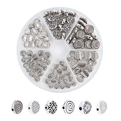 PandaHall 120 stücke 6 Stile Antike Silberne Tibetische Legierung Flache Runde Spacer Perlen Metall Spacer für Armband Halskette Schmuckherstellung (Stern, Spirale, Blume, Blume, Raute) von PH PandaHall