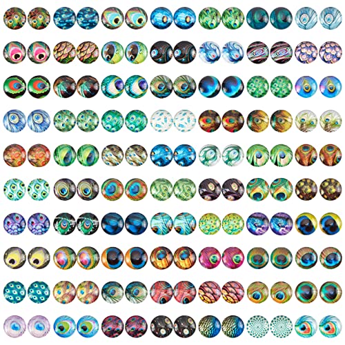 PandaHall 140pcs Cabochons Runde Mosaikfliesen Pfauenfedern Muster Halbrunde Mosaik Bedruckte Glaskuppel Cabochons Für Foto Anhänger Schmuckherstellung, 12 mm von PH PandaHall